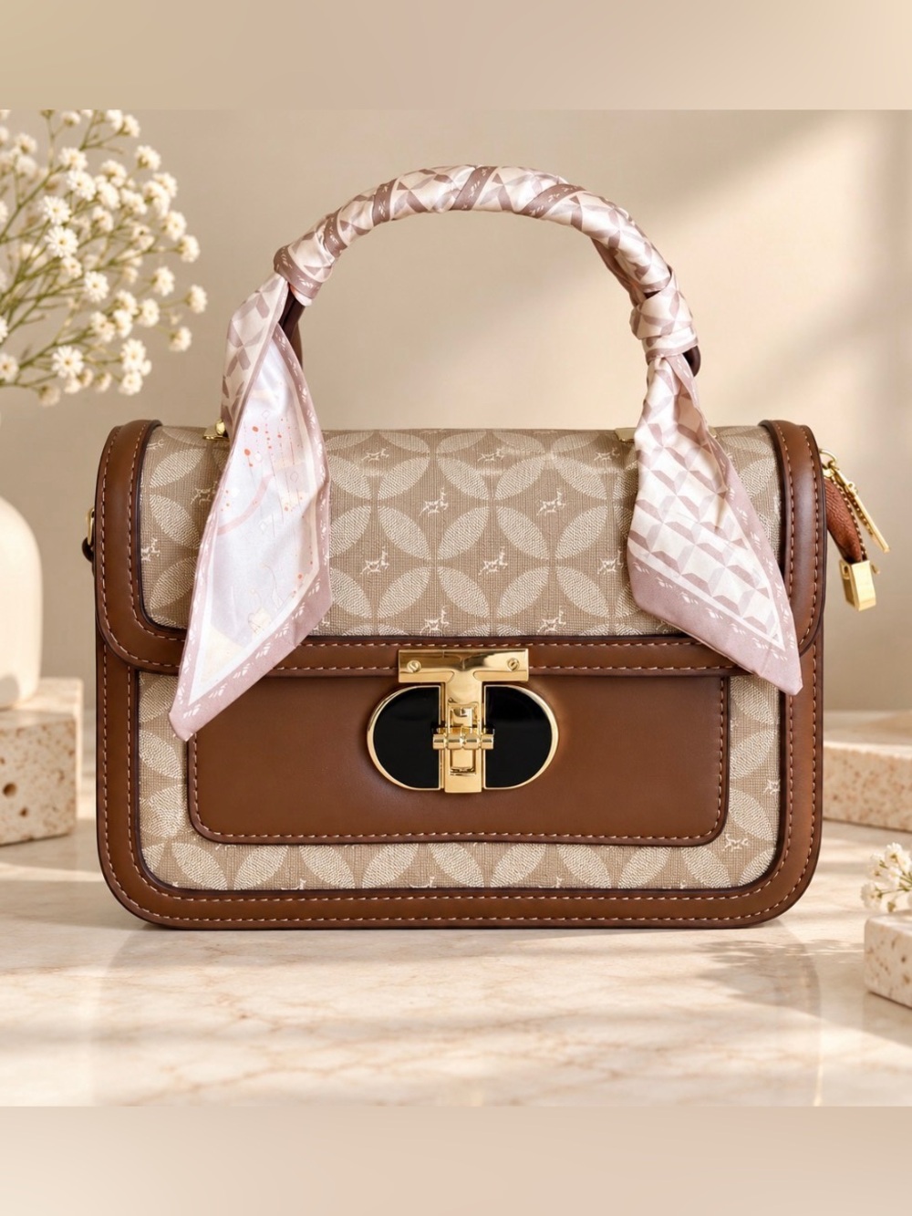 Taupe & Brown Satchel Crossbody Handbag with Scarf Accent Handle